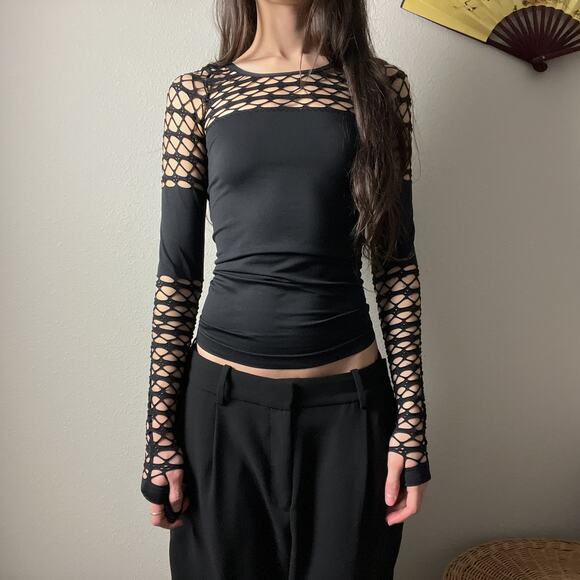 y2k venus black fitted fishnet minimalist long sleeve festival rave goth top - Picture 2 of 6